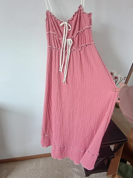 See You Monday Maxi Dress Medium Pink Boho Ruffle Flowy Sundress Tie Front - Picture 2 of 10